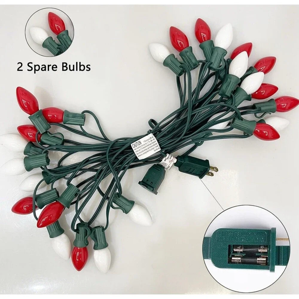 C7 Christmas String Lights 25 Feet Outdoor String Lights Red White Glass Bulbs